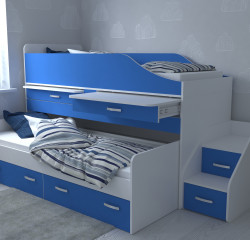 Двухъярусная кровать Славмебель Дуэт-8 с лестницей 2 ящика, белый/синий